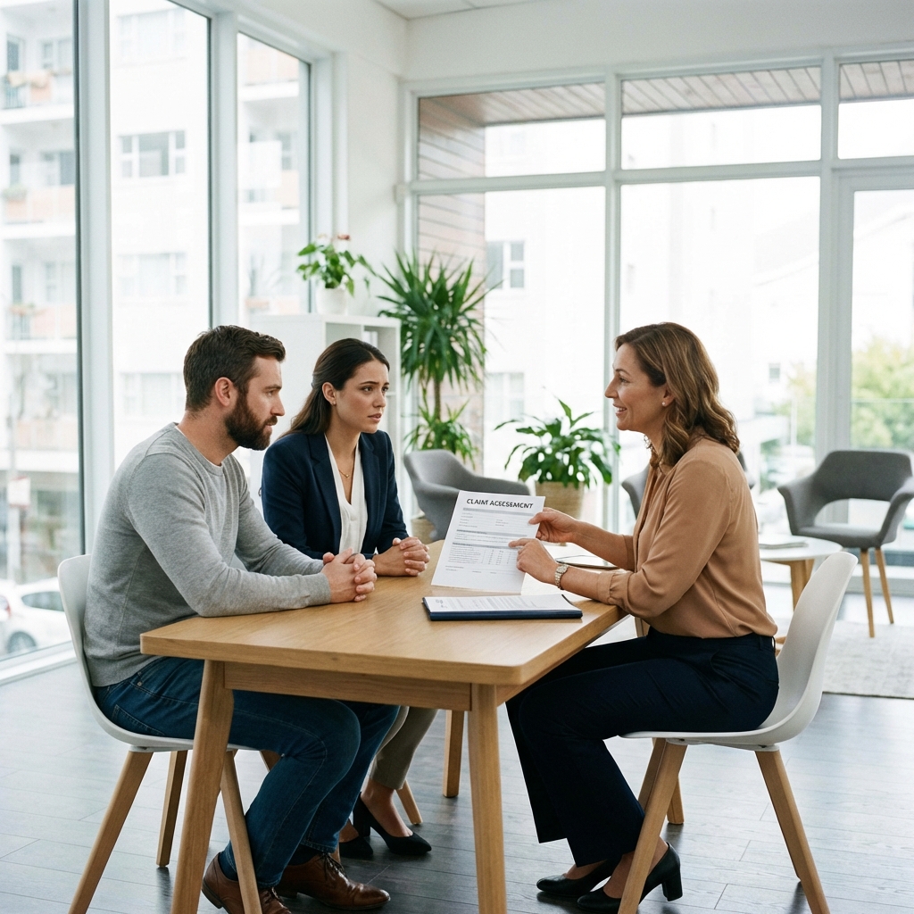 Family reviewing claim with insurance adjuster